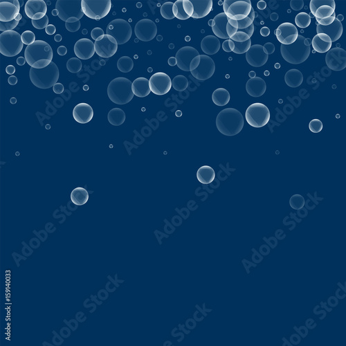Random soap bubbles. Scatter top gradient with random soap bubbles on deep blue background. Vector illustration.