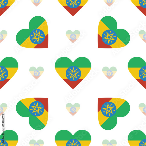 Ethiopia flag heart seamless pattern. Patriotic Ethiopia flag background. Country flag in the shape of heart. Vector seamless pattern.