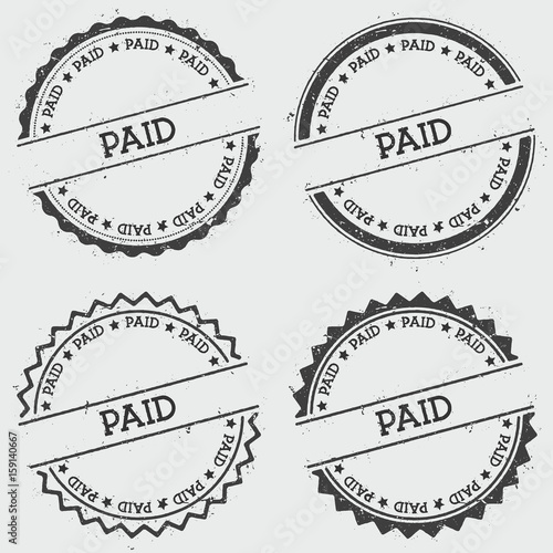 Paid insignia stamp isolated on white background. Grunge round hipster seal with text, ink texture and splatter and blots, vector illustration.