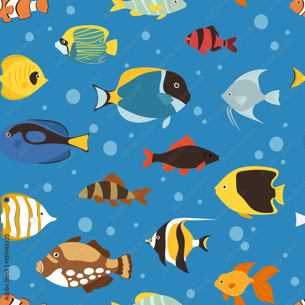Naklejka premium Exotic tropical fish underwater ocean or aquarium aquatic nature seamless pattern background vector