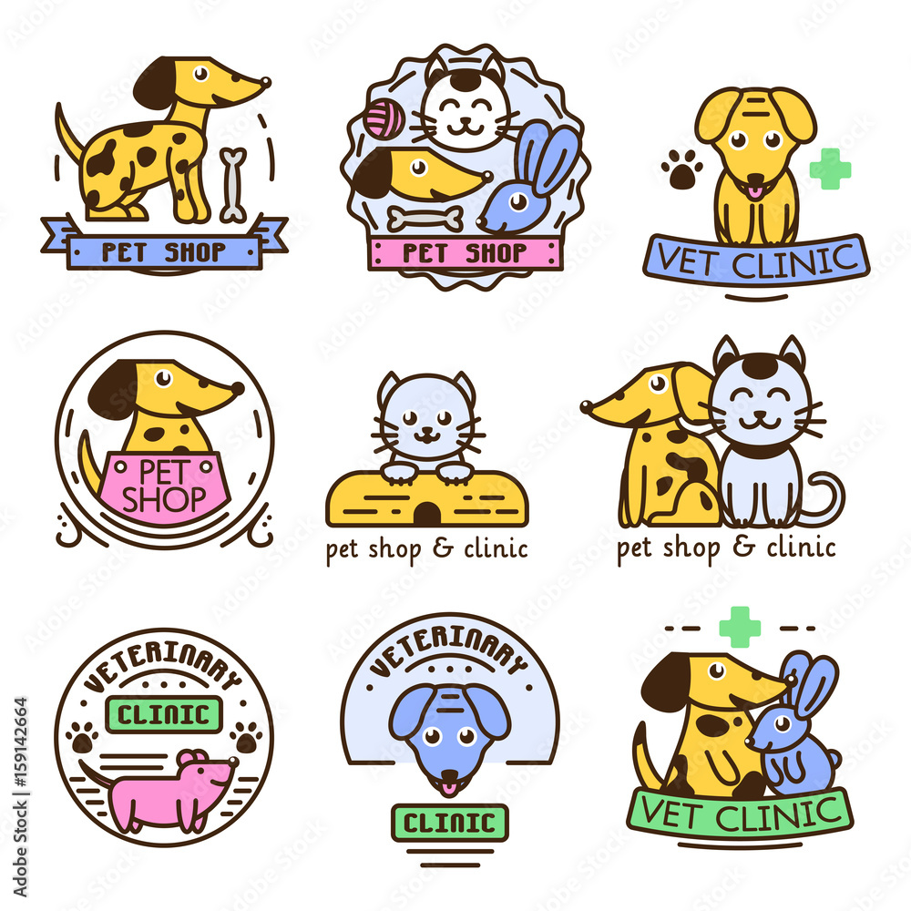 Obraz premium Pet badge vector graphic sticker set domestic insignia cat dog veterinary animal sticker illustration