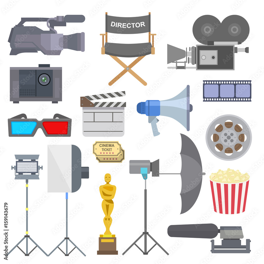 Cinema movie making tv show tools equipment symbols icons vector set  illustration. Stock Vector | Adobe Stock