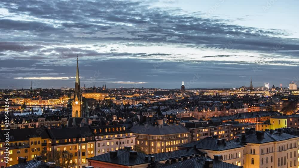 View of Stockholm city at dusk 4K Time Lapse Tilt. Cityscape skyline, Capital of Sweden View of Stockholm city at dusk 4K Time Lapse Tilt. Cityscape skyline, Capital of Sweden