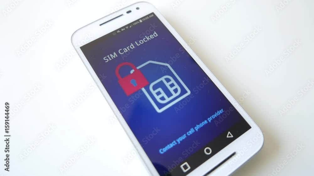 Smartphone on a table showing a message about a locked SIM card that is not working. Smartphone on a table showing a message about a locked SIM card that is not working.