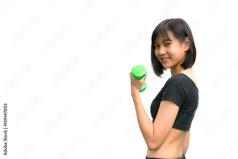 Attractive young fitness woman holding dumbbells isolated on white background. Attractive young fitness woman holding dumbbells isolated on white background.