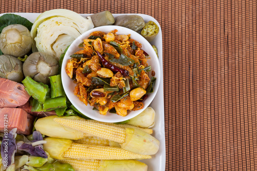 shrimp paste chili sauce with blanching vegetables, food