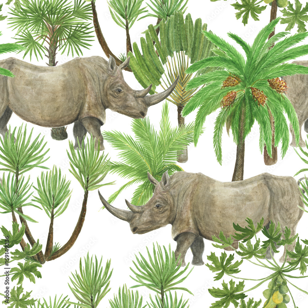 Fototapeta premium Akwarela malarstwo wzór z nosorożca, palmy zdobione Vintage kolorowe ręcznie rysowane ilustracji