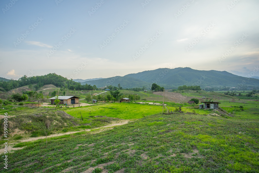  Natural view with small hut in the evening at Pai Thailand, 