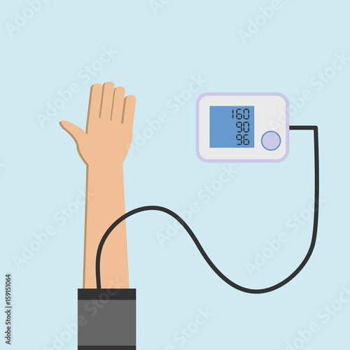 Patient checking arterial blood pressure. High blood pressure concept illustration. Measuring, monitoring health. Diagnose hypertension, heart. Digital device tonometer. Medical equipment. 