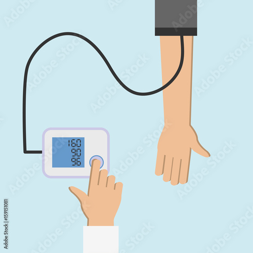 Patient checking arterial blood pressure. High blood pressure concept illustration. Measuring, monitoring health. Diagnose hypertension, heart. Digital device tonometer. Medical equipment. 