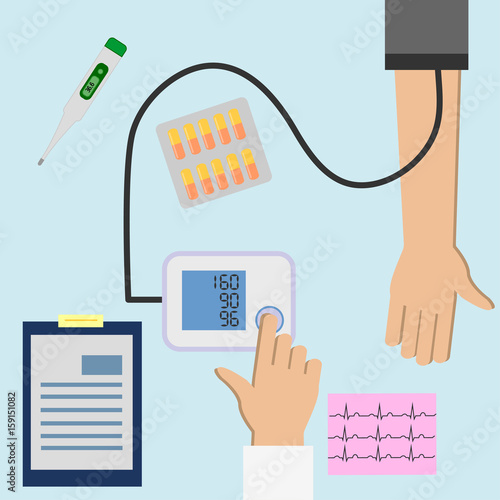 Patient checking arterial blood pressure. High blood pressure concept illustration. Measuring, monitoring health. Diagnose hypertension, heart. Digital device tonometer. Medical equipment. 