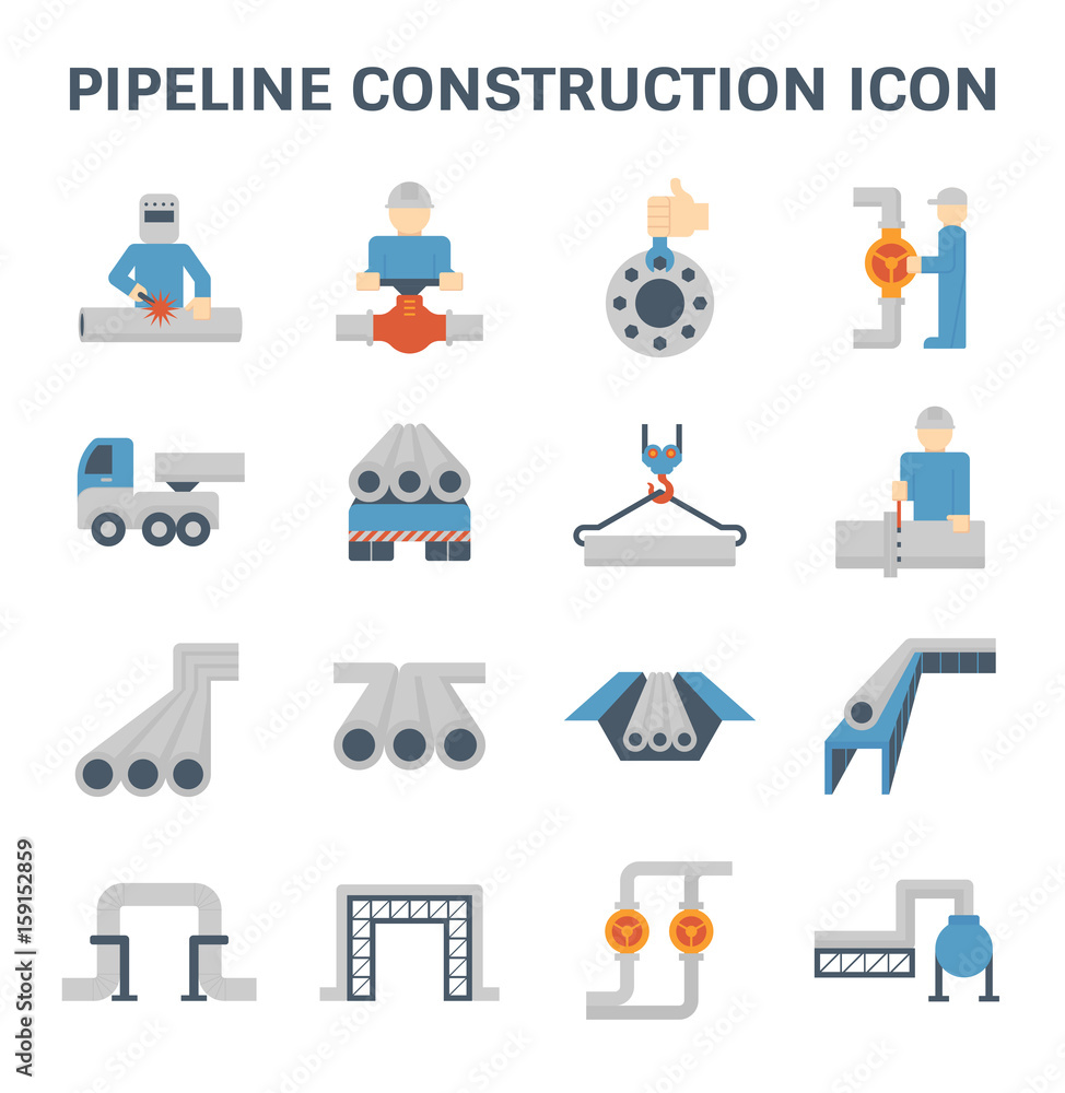 Pipeline construction industry and worker vector icon set design isolated on white background. Pipeline construction industry and worker vector icon set design isolated on white background.