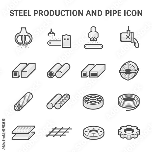 Steel production industry, manufacturing vector icon consist of worker, machine equipment and production line. Include process to casting product of steel, aluminum, iron or stainless i.e. pipe, roll.