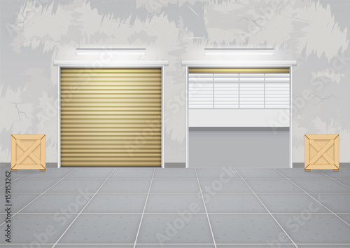 Storefront or shopfront is a facade or commercial building. Exterior with door and floor or entryway for retail shop or store. Protection with security shutter or roller door. Vector illustration.