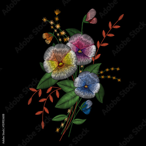 
* Description/Title/Caption: 
Traditional national fashionable flower embroidery on the black background, beautiful bouquet of pansies and plants, vector graphics
