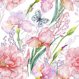 seamless pattern .irises peonies flowers butterfly.exotic print fabric,Wallpaper.watercolor illustration.