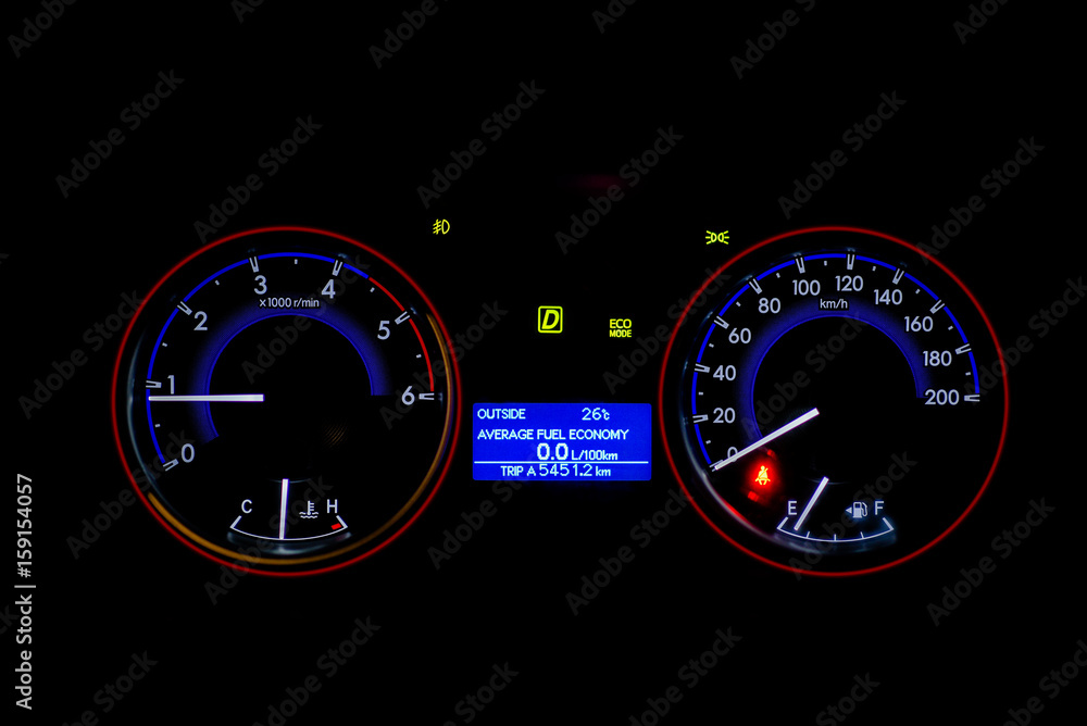 Fototapeta premium Dashboard bike display digital indicator, black background.