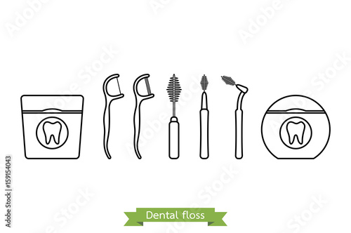 set of dental floss type - cartoon vector outline style