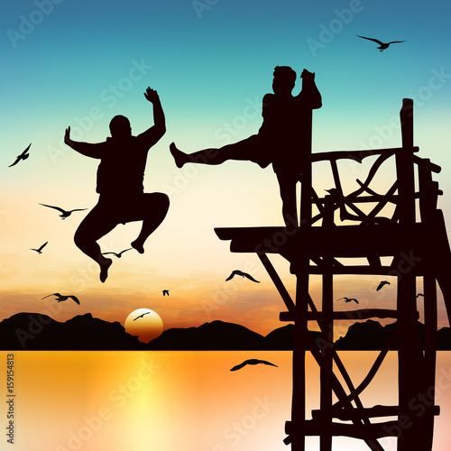 Silhouette of lady was shoved away from jumping board.