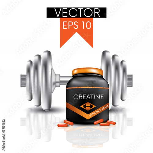 Dumbbells, capsules and a jar with creatine. Vector illustration. Sports and sports nutrition.