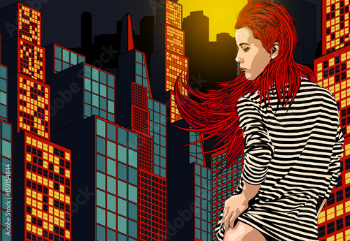 Woman near window with view on the night city. Long red hair. Vector image.