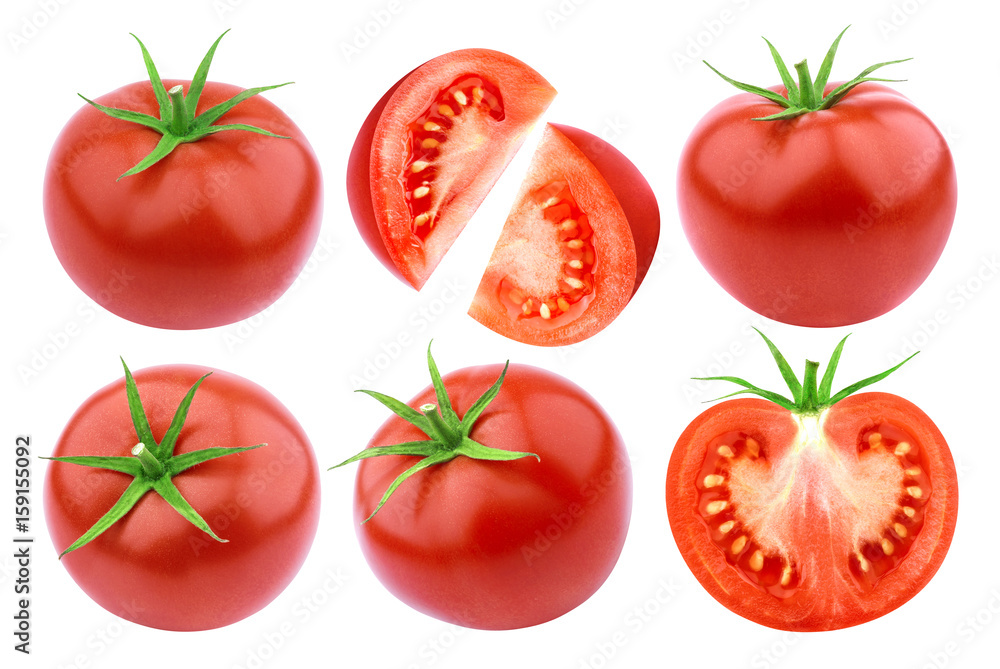 Tomatoes isolated. Fresh cut tomato set isolated on white background with clipping path - obrazy, fototapety, plakaty 