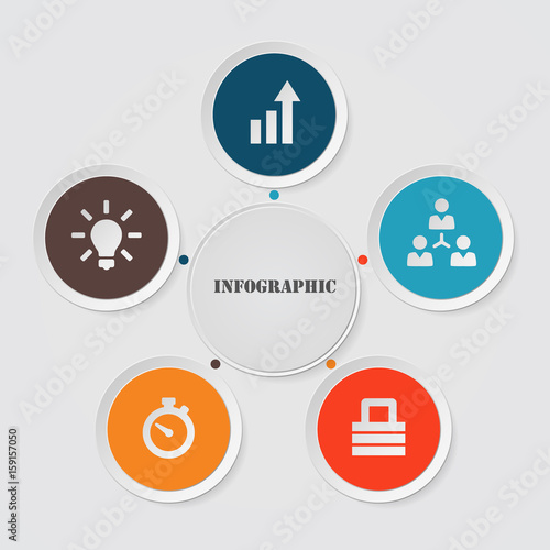 Modern five circle infographic options with arrows. 5 steps data vector illustration with icons. For workflow layout, diagram, business, banner, web design.