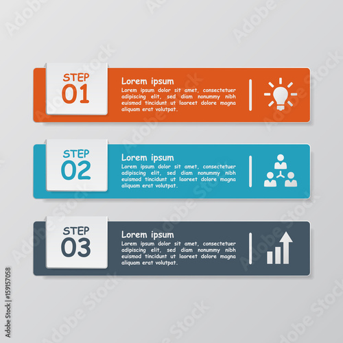 Elegant three infographic options. Horizontal 3 steps data vector illustration with icons. For workflow layout, diagram, business, banner, web design.