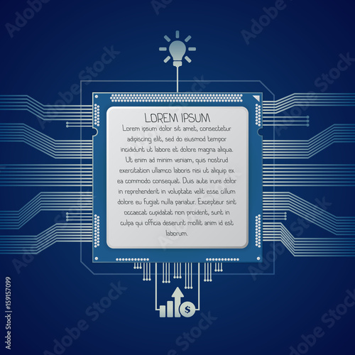 Microchip modern infographic template. Processor with icons and text. Electronic micro scheme or circuit used for business, data, presentation, web, workflow