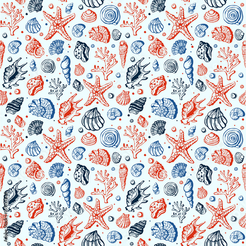 Sea life marine shells, coral and underwater stars hand drawn style vector seamless pattern background