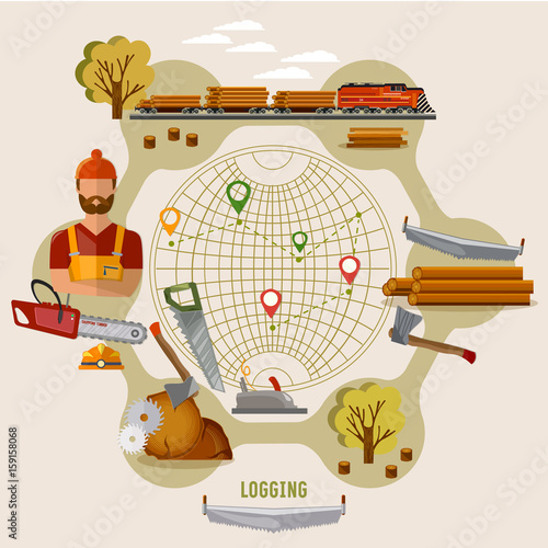 Logging industry concept. Woodcutter, deforestation, preparation of firewood, power-saw bench, transportation of logs by train. Logging industry vector