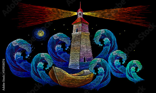 Embroidery lighthouse, boat, sea waves. Classical embroidery impressionism style lighthouse and storm in ocean fashion background. Template for clothes, textiles, t-shirt design