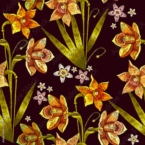 Fototapeta Naklejka Na Ścianę i Meble -  Narcissus embroidery seamless pattern. Beautiful daffodils yellow narcissus embroidery on black seamless background. Template for clothes, textiles, t-shirt design