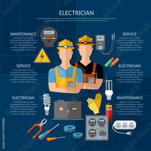 Professional electrician infographics. Electricity tools installation and repair. Electrical equipment presentation template