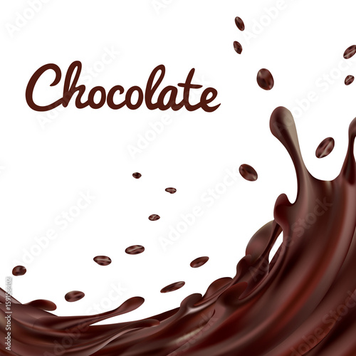 Chocolate splashes background. Brown hot coffee or chocolate with drops and bolts isolated on white background, vector 3d illustration