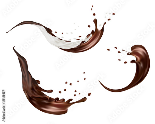 Milk and chocolate splashes vector isolated over white background. pouring liquid or milkshake falling with drops and blots. 3d illustration.