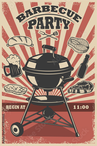Barbecue party flyer template. Grill, fire, grilled meat, beer, butcher tools. Design elements for poster, restaurant menu. Vector illustration