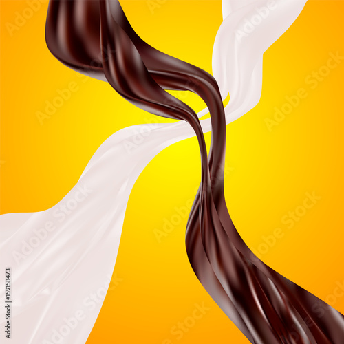 Milk and chocolate splashes cross over. Pure two sweet liquid flow and twist in the air. vector 3d illustration isolated. milkshakes: white and brown wavy fluids