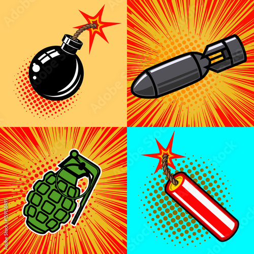 Set of bomb illustrations in pop art style. Vector illustrations