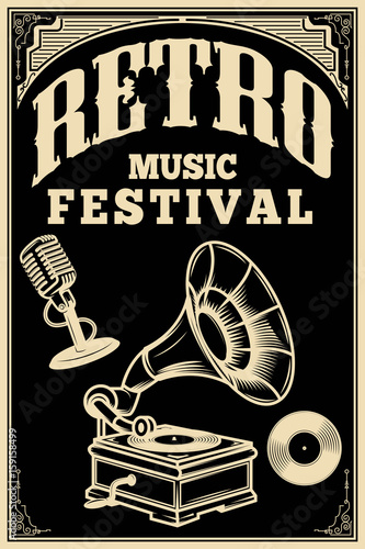 Retro music festival poster template. Vintage microphone, old style gramophone on dark background. Vector illustration