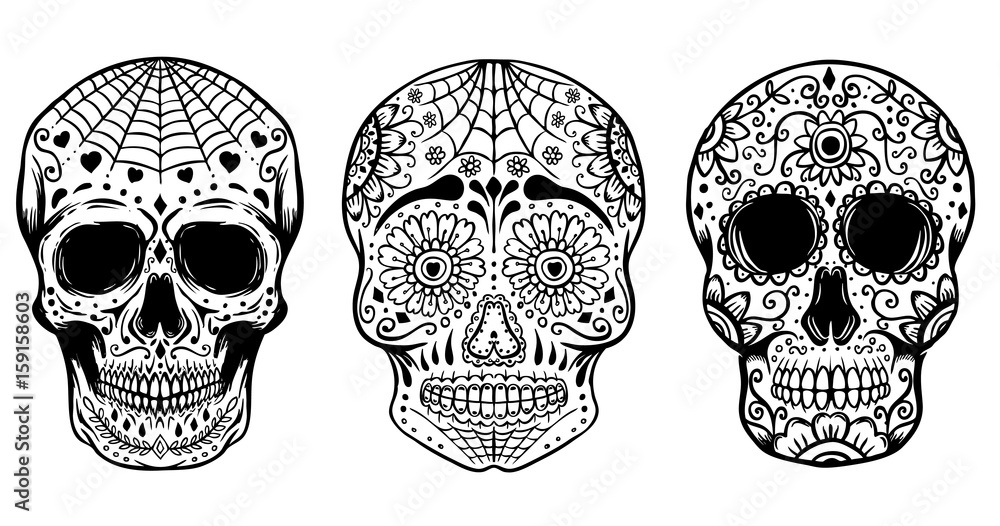 Set of hand drawn sugar skulls isolated on white background. Day of the dead. Dia de los Muertos. Design elements for poster, t-shirt. Vector illustration