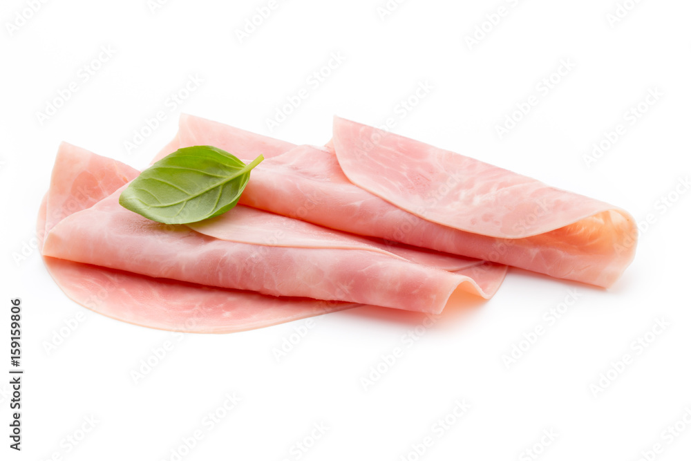 Thin slices of ham on white background. Thin slices of ham on white background.