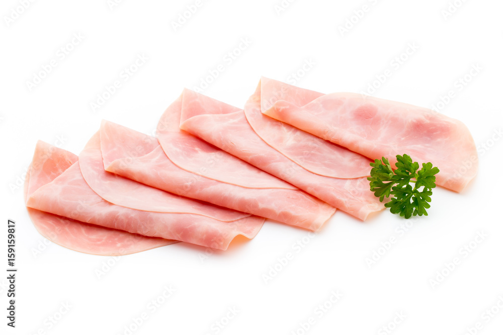 Thin slices of ham on white background.