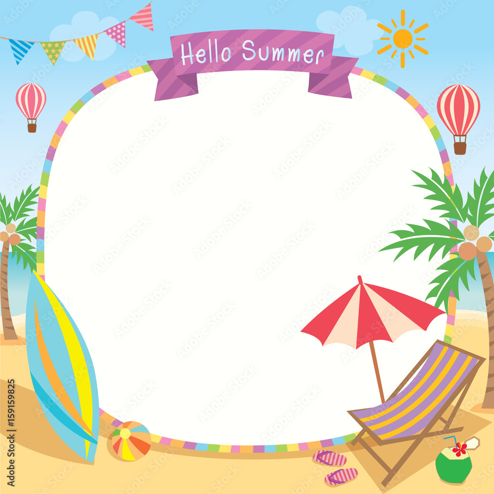 Hello summer decorated with surfboard umbrella and deck chair on beach
