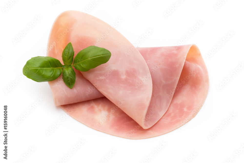 Thin slices of ham on white background. Thin slices of ham on white background.