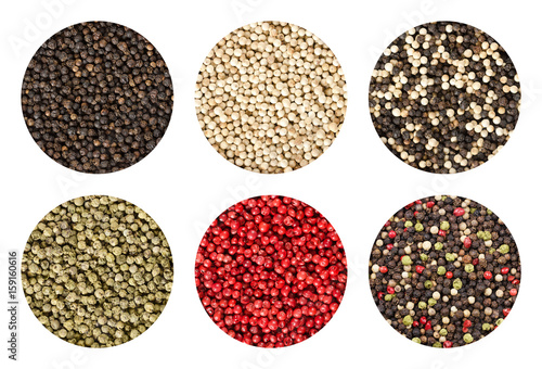 Six variations of peppercorns in circles over white background. Black, white, green and pink pepper. Dried berries of Piper nigrum and Schinus terebinthifolia used as spice and seasoning. Food photo. photo