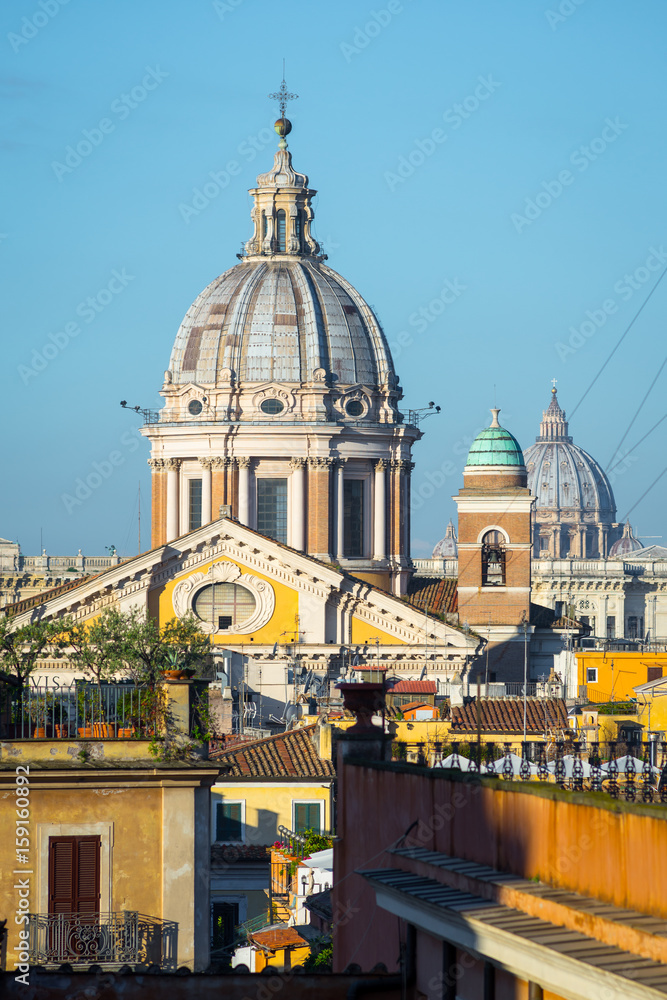 San Carlo al Corso and Saint Peter's domes from piazza di Spagna in Rome, Italy