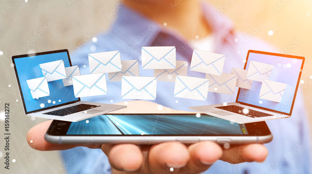 Businessman receiving e-mails on his digital devices 3D rendering Businessman receiving e-mails on his digital devices 3D rendering