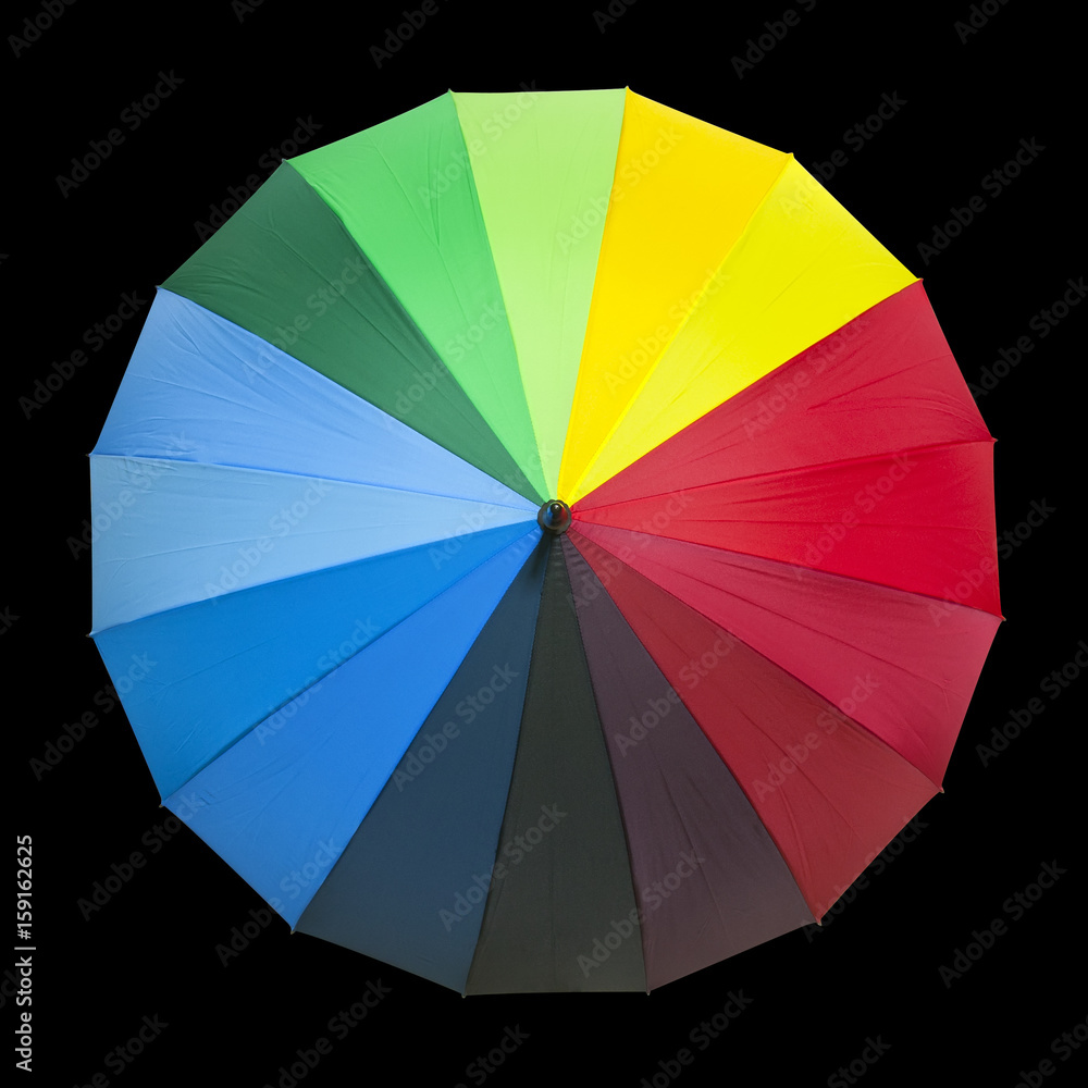 rainbow umbrella red green blue yellow orange purple black color for rain and sun protect on black background and top view with isolated included clipping path