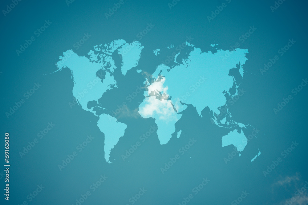 Blue sky cloud with world map , process in vintage style